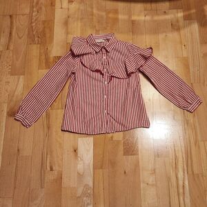 Zara Red and White Striped Ruffle Button-Down Shirt